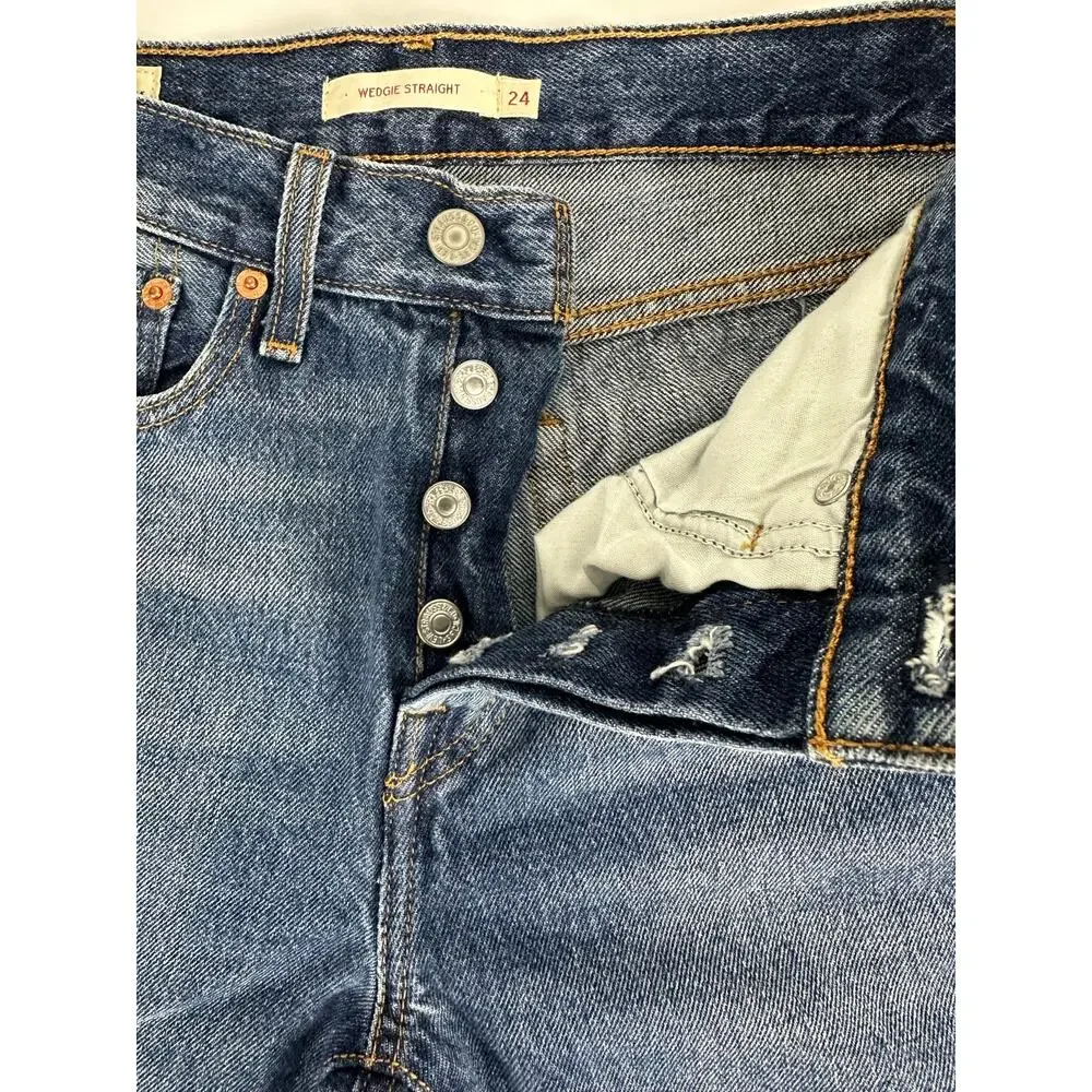 Levi's Wedgie Straight Ankle Jeans 24x28 Distressed Medium Indigo Raw Hem High - Picture 7 of 13